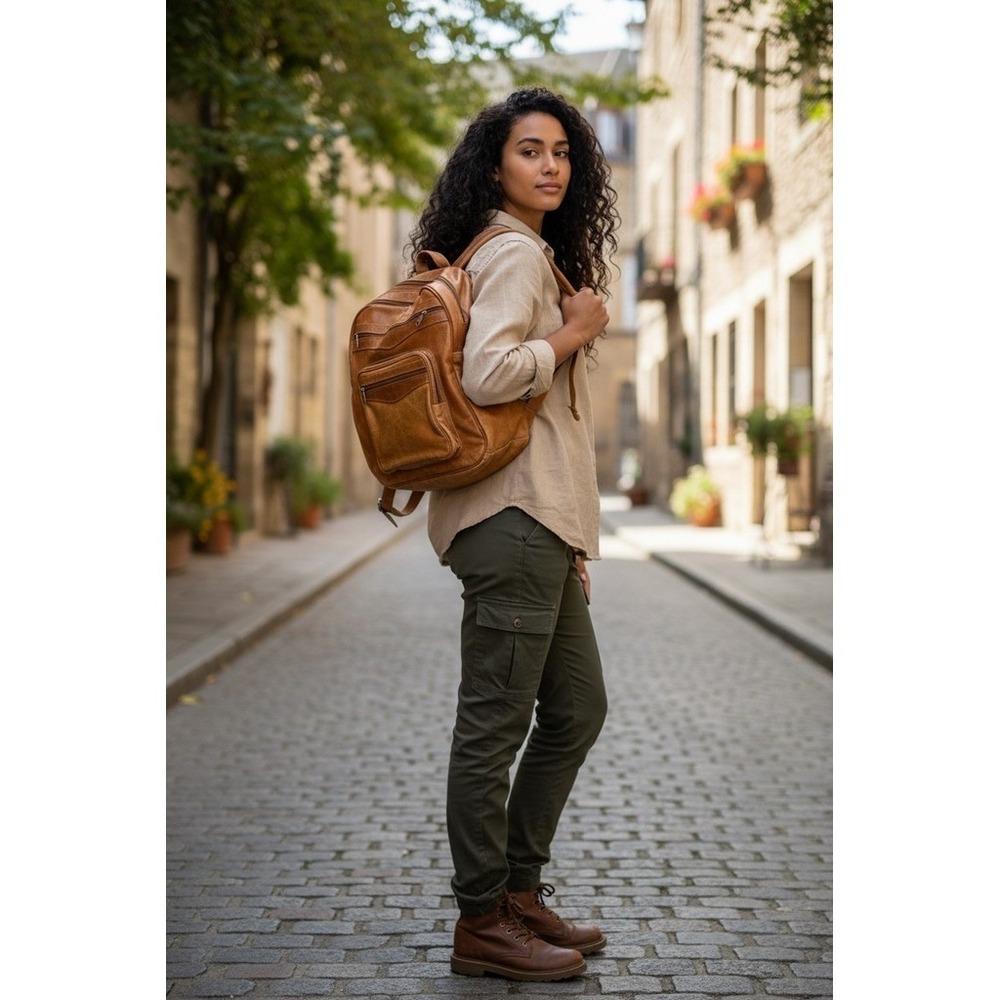 Unbranded Vintage leather Backpack Womens Large Tan Cognac Front Zip Pockets FUC